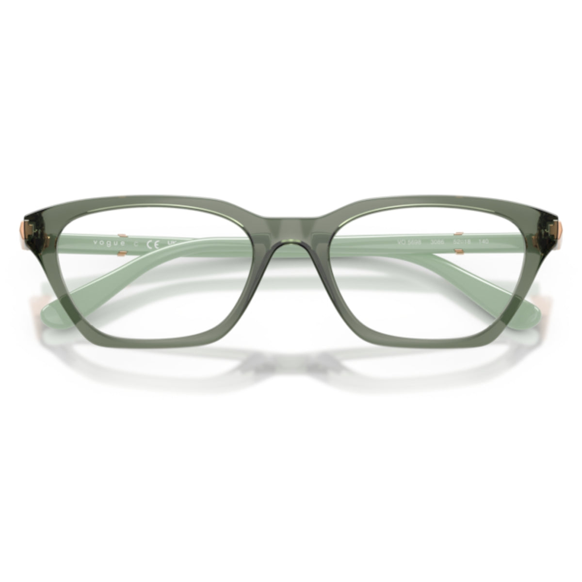 Vogue VO5698 transparent mallard green cat-eye eyeglasses, front view with the temples folded