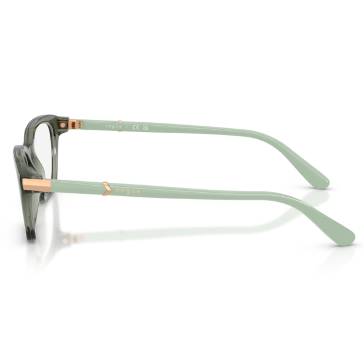 Vogue VO5698 transparent mallard green cat-eye eyeglasses, side view of the full sage temple