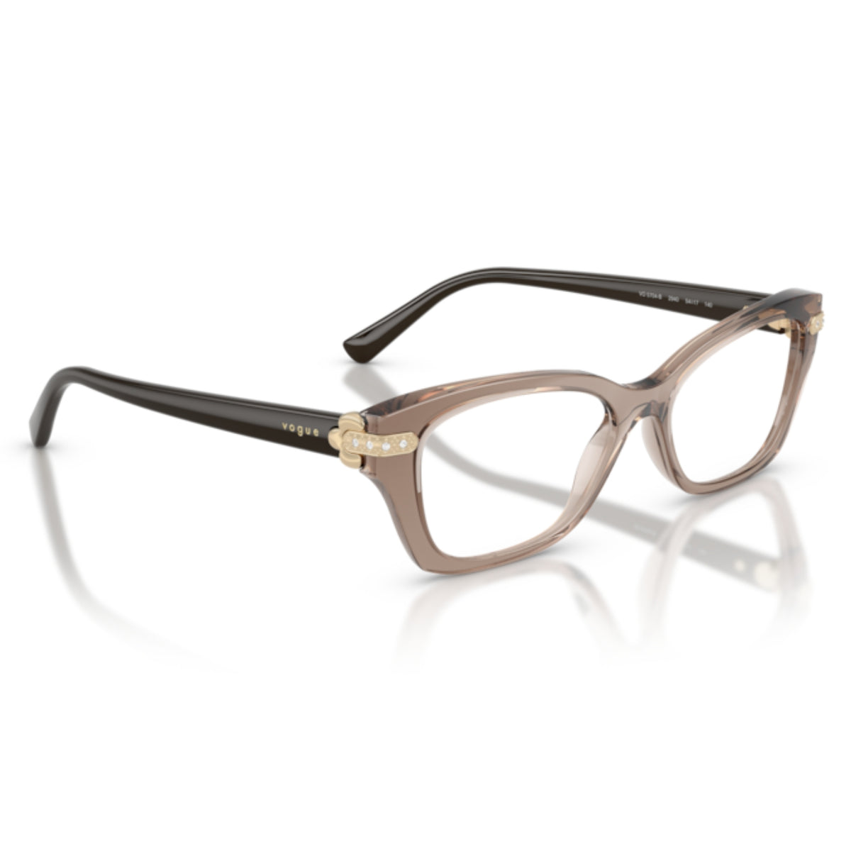 Vogue VO5704B transparent brown cat-eye eyeglasses, angled view