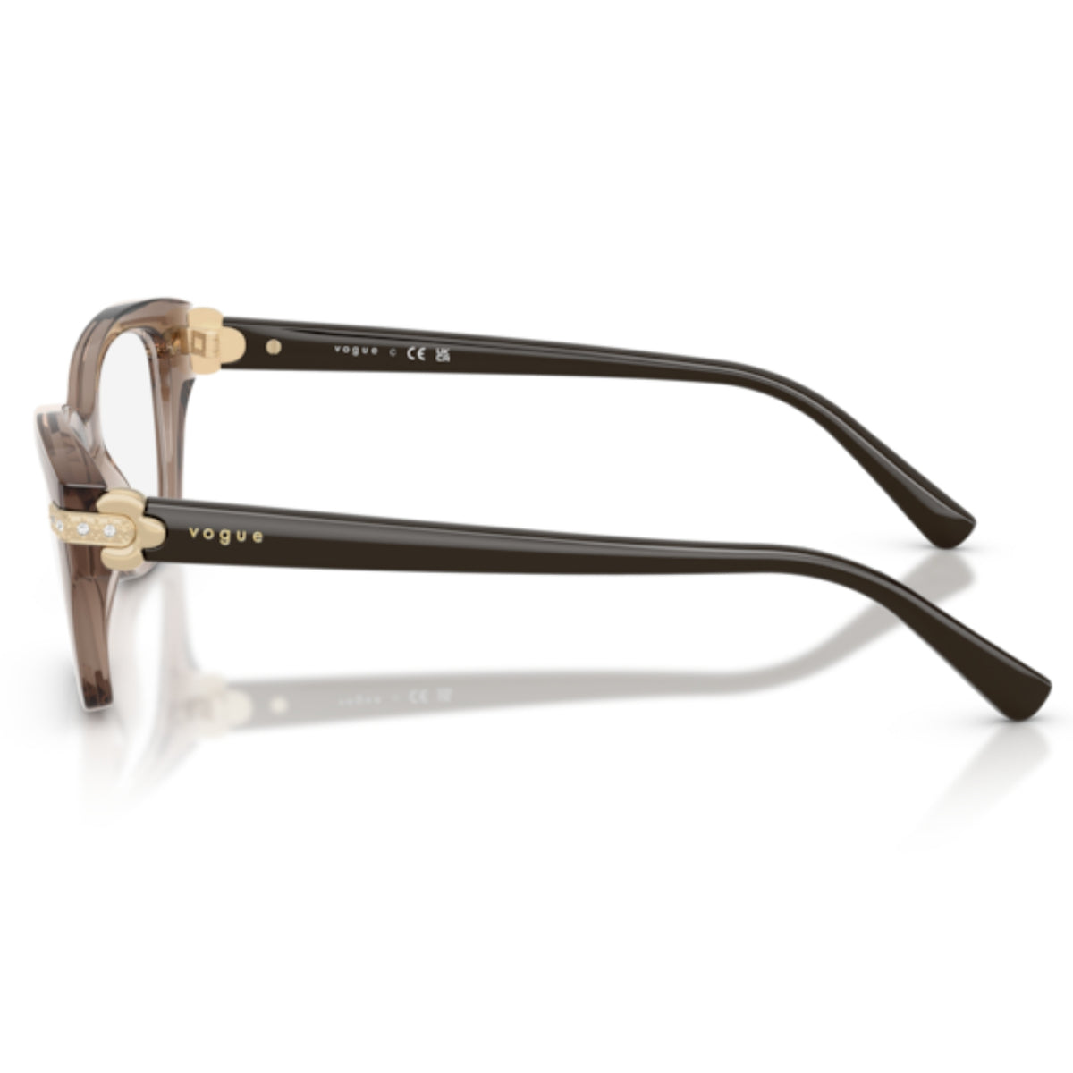 Vogue VO5704B transparent brown cat-eye eyeglasses, side view of the full brown temple