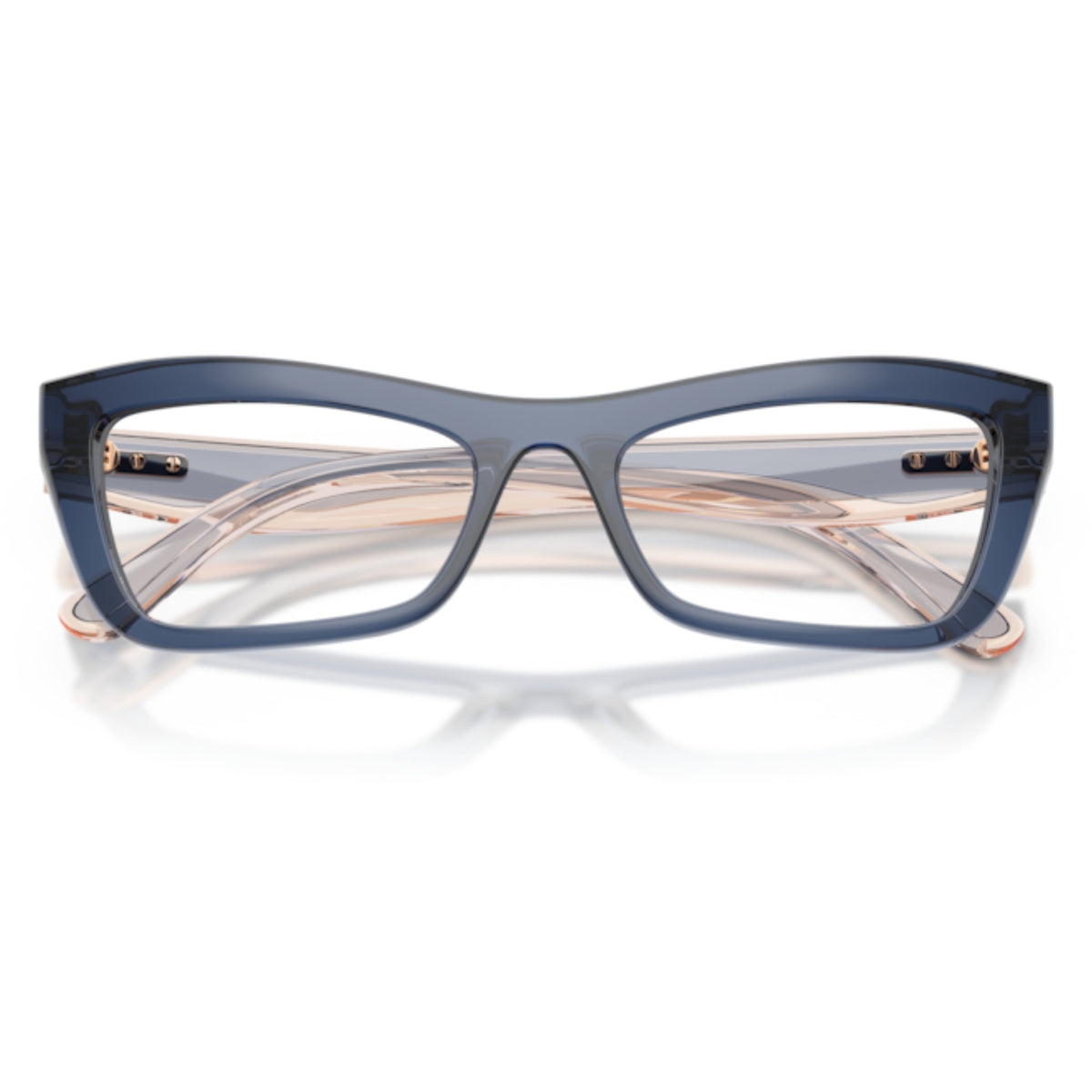 Vogue VO5710 transparent blue cat-eye eyeglasses, front view with the temples folded