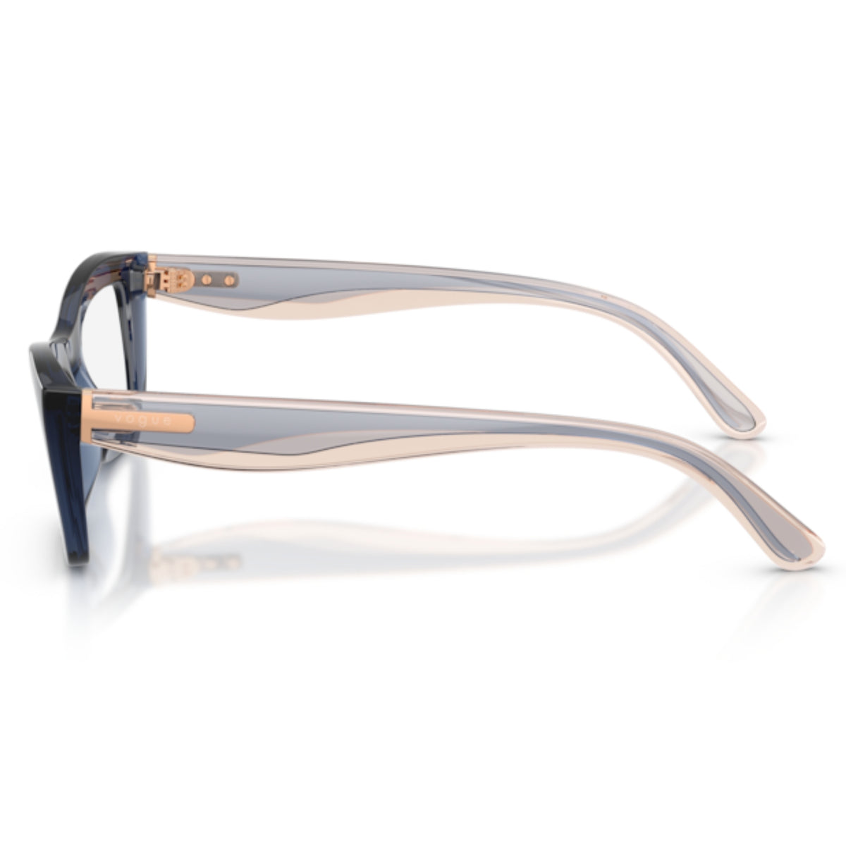 Vogue VO5710 transparent blue cat-eye eyeglasses, side view of the blue/opal pink temple
