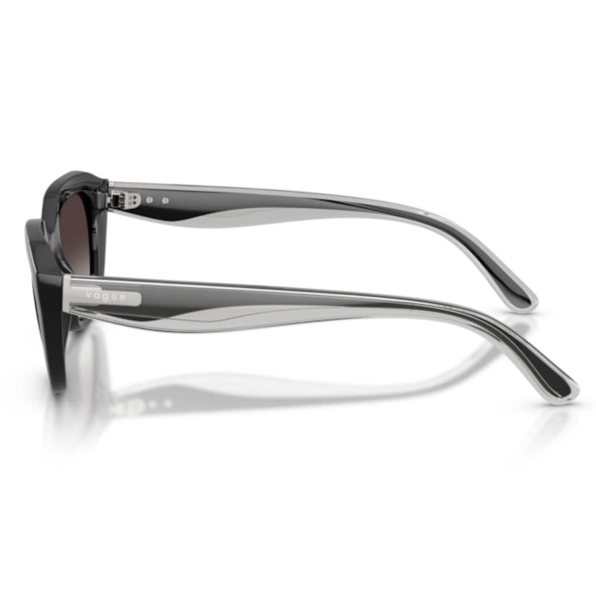 Vogue VO5711S black geometric sunglasses, side view of the transparent grey/black temple