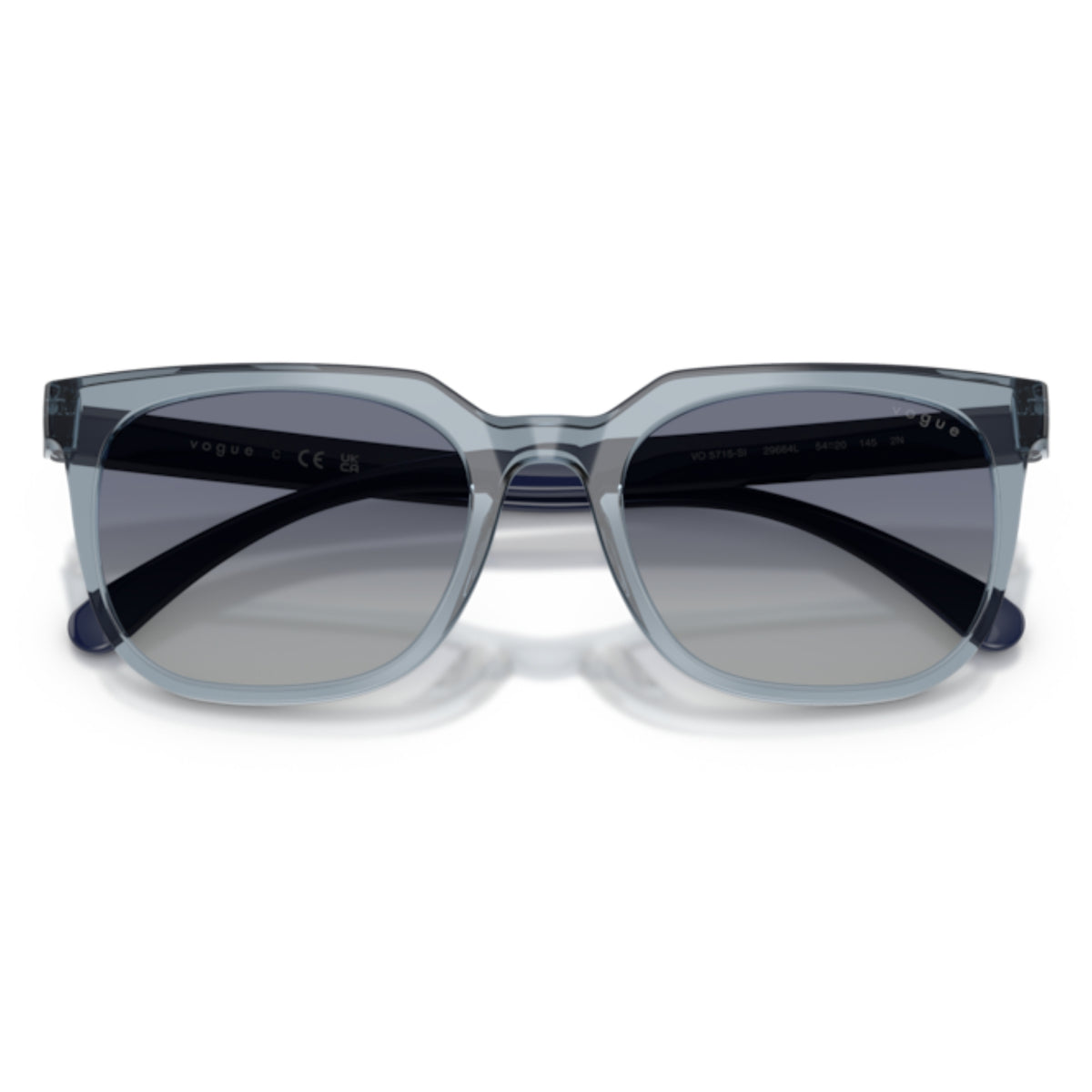 Vogue VO5715SI transparent blue square sunglasses, front view with the temples folded