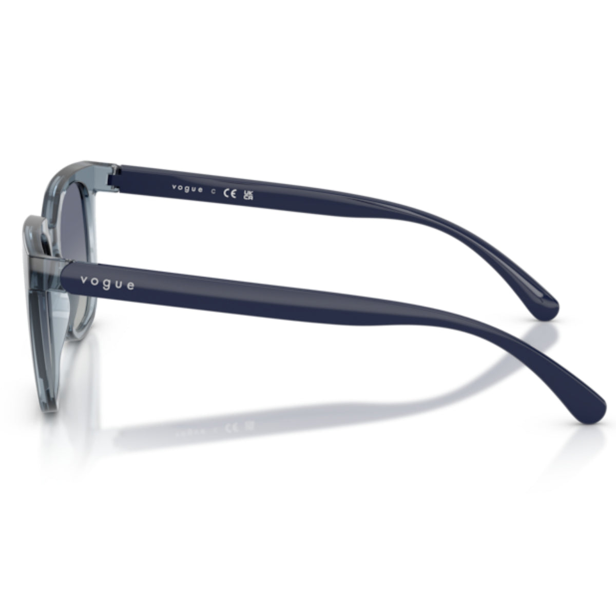 Vogue VO5715SI transparent blue square sunglasses, side view of the full blue temple