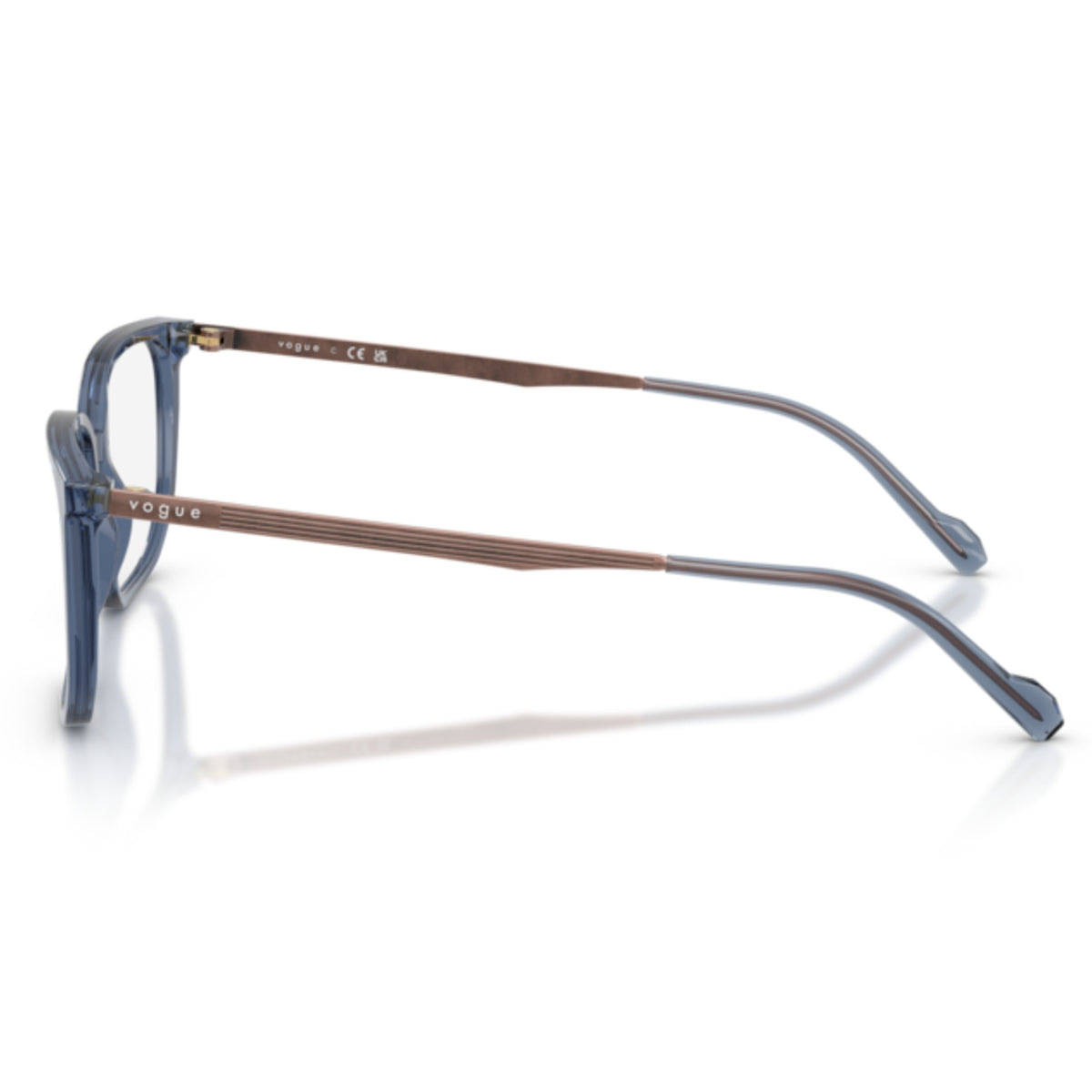 Vogue VO5718I transparent blue geometric eyeglasses, side view of the antique copper temple