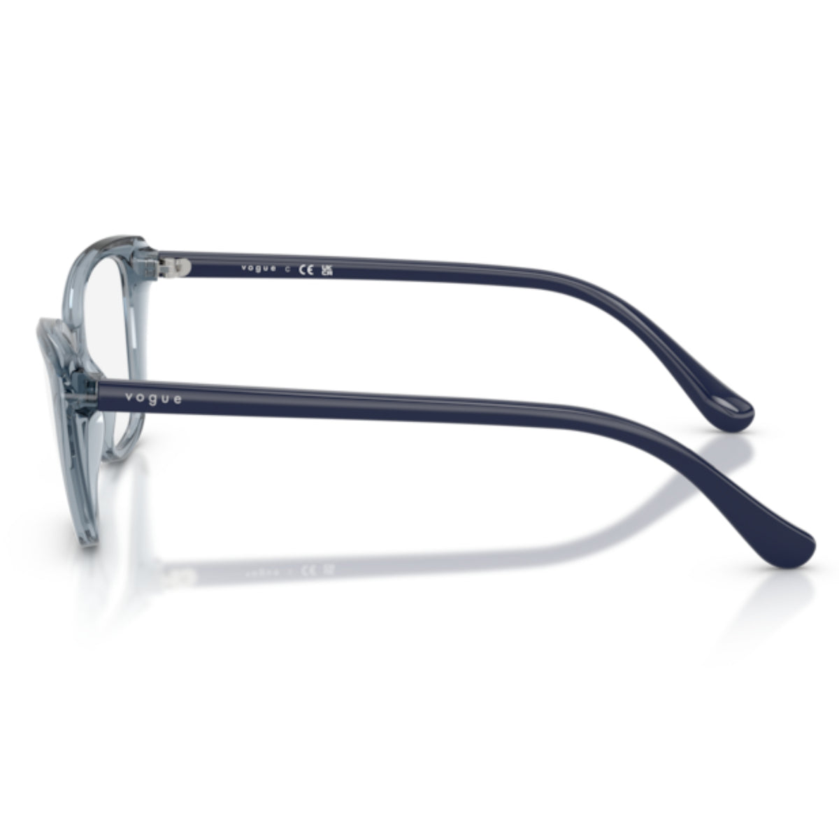 Vogue VO5719I transparent blue cat-eye eyeglasses, side view of the full blue temple